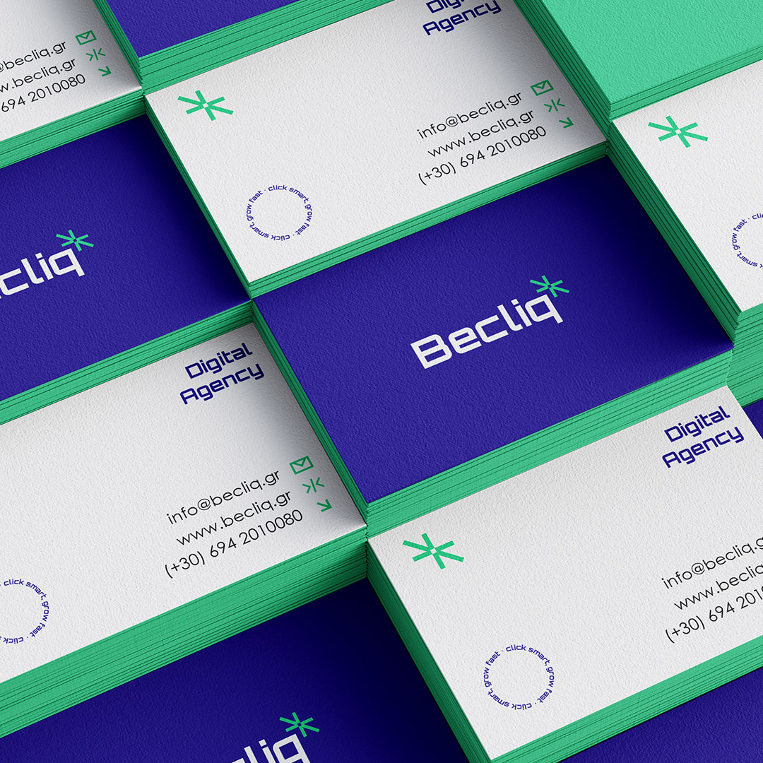Beclick brand identity and stationery in purple and green
