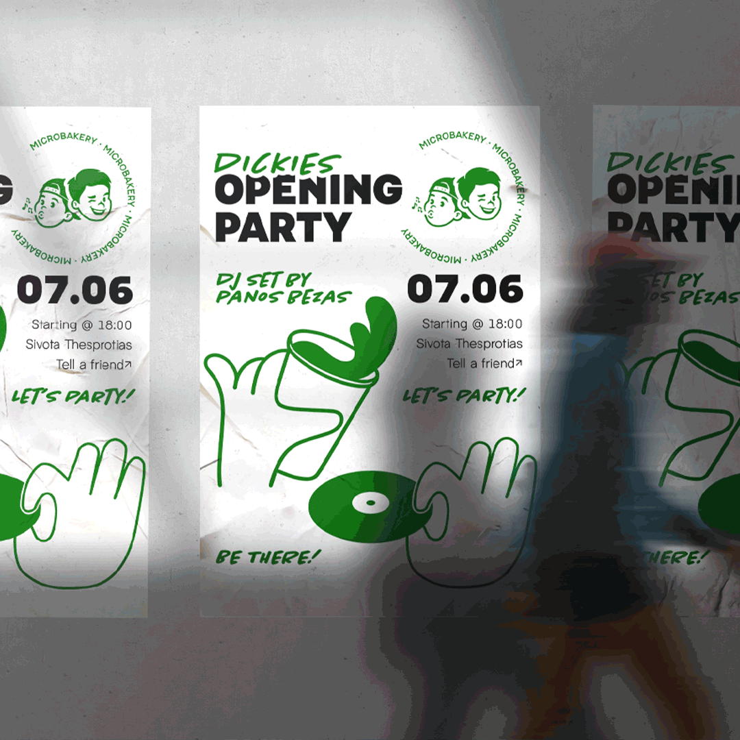 Dickies Microbakery opening party poster design in green and black