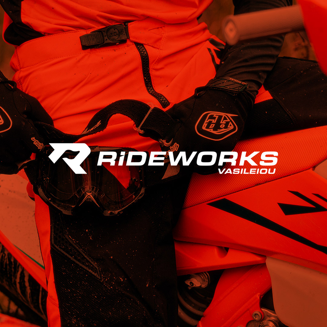 Rideworks logo over orange motorcycle photography