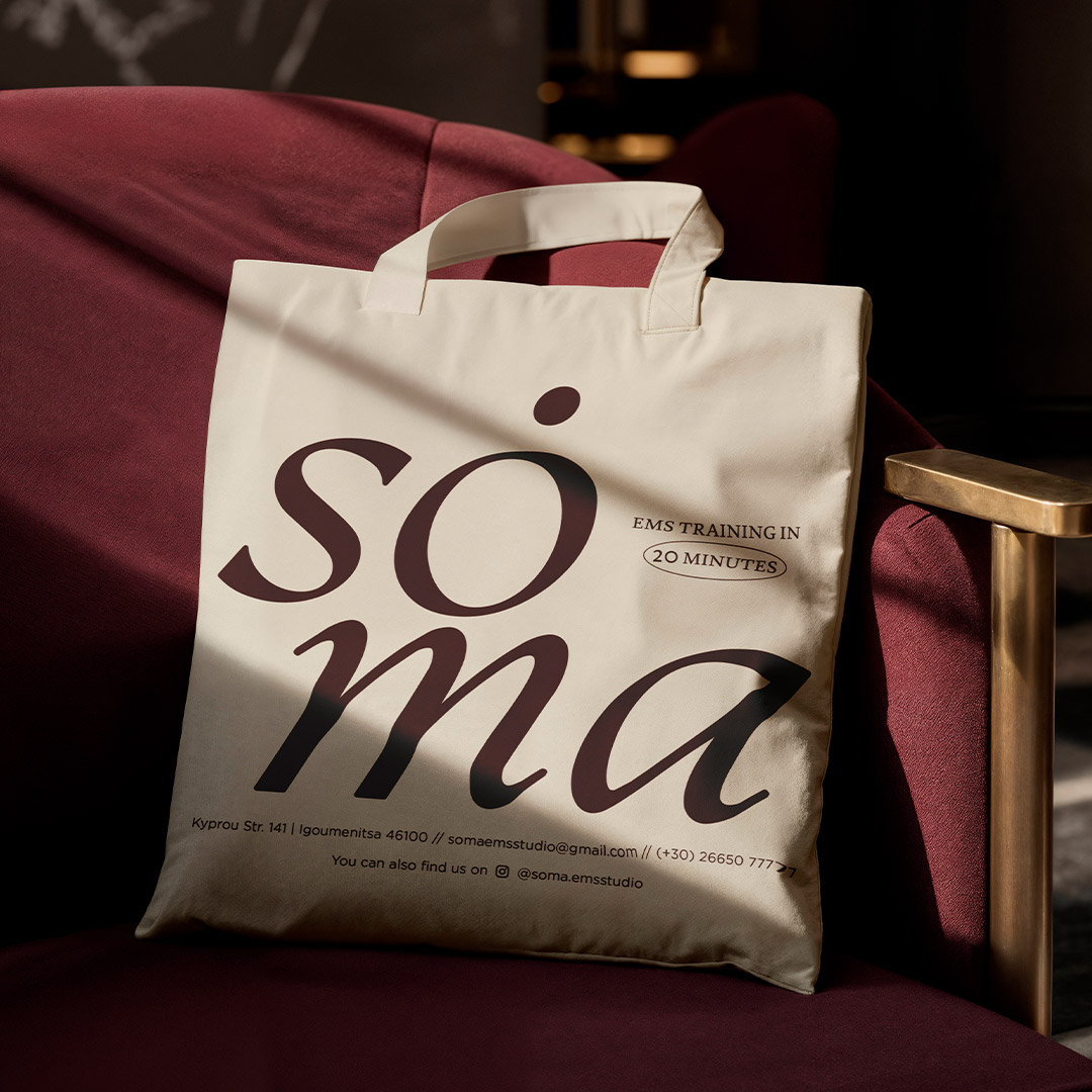 Soma typographic identity on a canvas tote bag