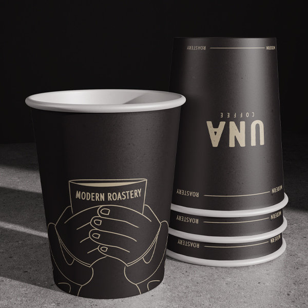 Μαύρα ποτήρια καφέ UNA Coffee με εικονογραφημένη εταιρική ταυτότητα
